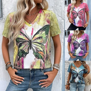 2026欧美跨境亚马逊独立站新款女装夏季V领蝴蝶印花拼色短袖 T 恤