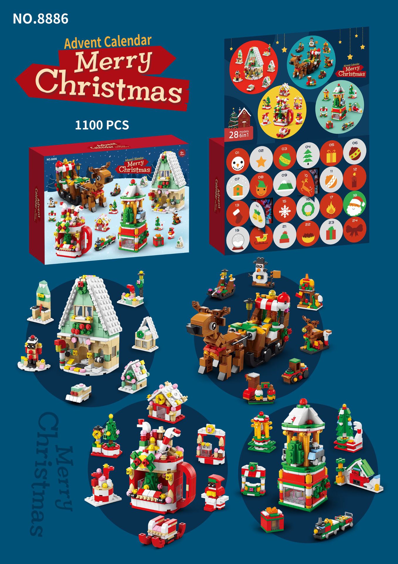 Bloques de construcción transfronterizos Calendario navideño Caja ciega Cuenta atrás 24 cuadrículas Coche de bricolaje para niños Bloques de construcción de dinosaurios Caja ciega rasgada a mano