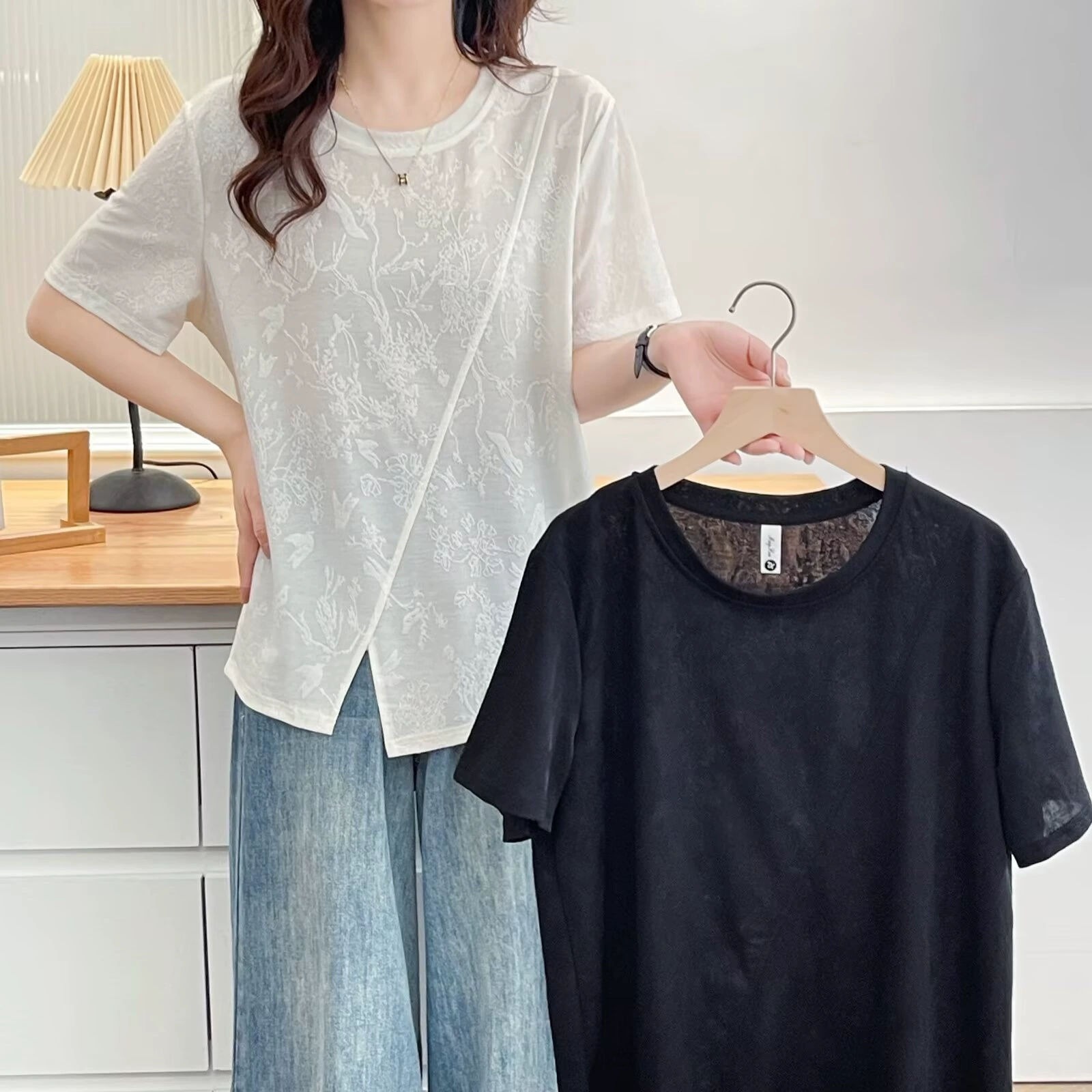 200 фунтов толстая сестра большой размер женская летняя новая темперамент повседневная футболка с короткими рукавами Tsi с круглым вырезом 5051