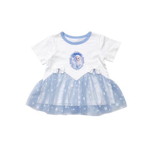  Girls' New Summer Clothes Snow Elsa Princess Melody Mesh Fashionable Versatile Cotton Short-Sleeved Two-piece Set