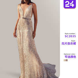2026夏新款欧美跨境女装wish连衣裙V领无袖收腰银色亮片吊带礼服