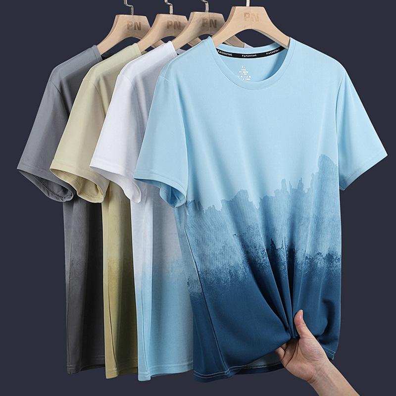 Verano fresco delgado transpirable hielo ojo de seda camiseta de manga corta hombre ropa deportiva de secado rápido hombre