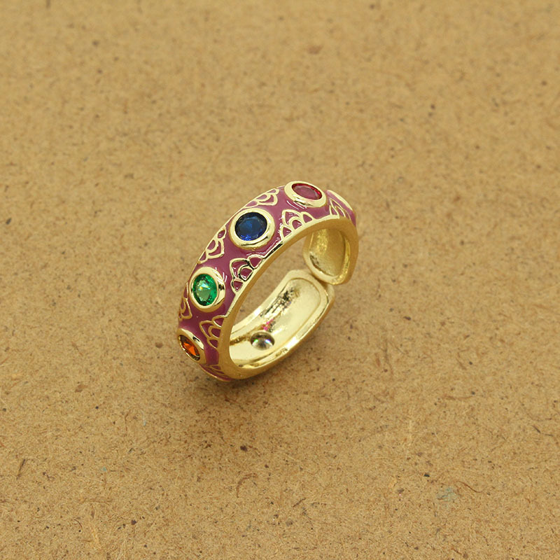 European Cross-border Retro Ethnic Color Zircon Carved Retro Drip Open Ring display picture 7