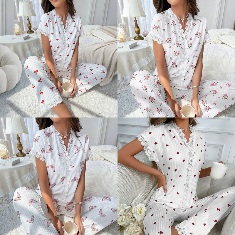 欧美跨境热销家居服樱桃印花短袖翻领睡衣女可外穿长裤两件套套装|undefined
