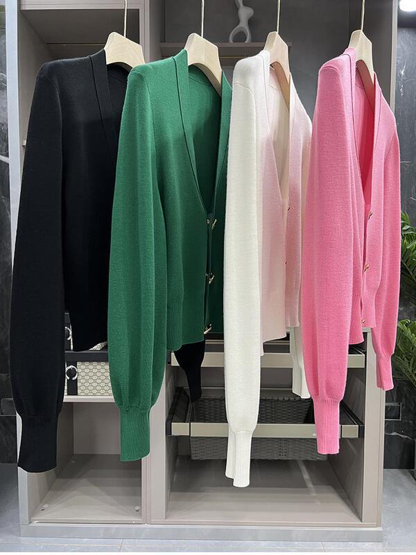 Merino Wool ~ Texture Knock Praise ~ Bear Buckle Double Wool Knitted Cardigan Top Women HM2075