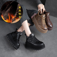 上海傑驟冬季新款厚底加絨保暖高幫單鞋前系帶復古風擦色休閒女鞋