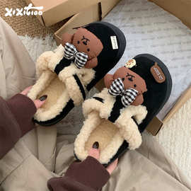 冬季女款棉拖鞋可爱小熊蝴蝶结卡通简约轻便时尚潮款新潮休闲棉靴