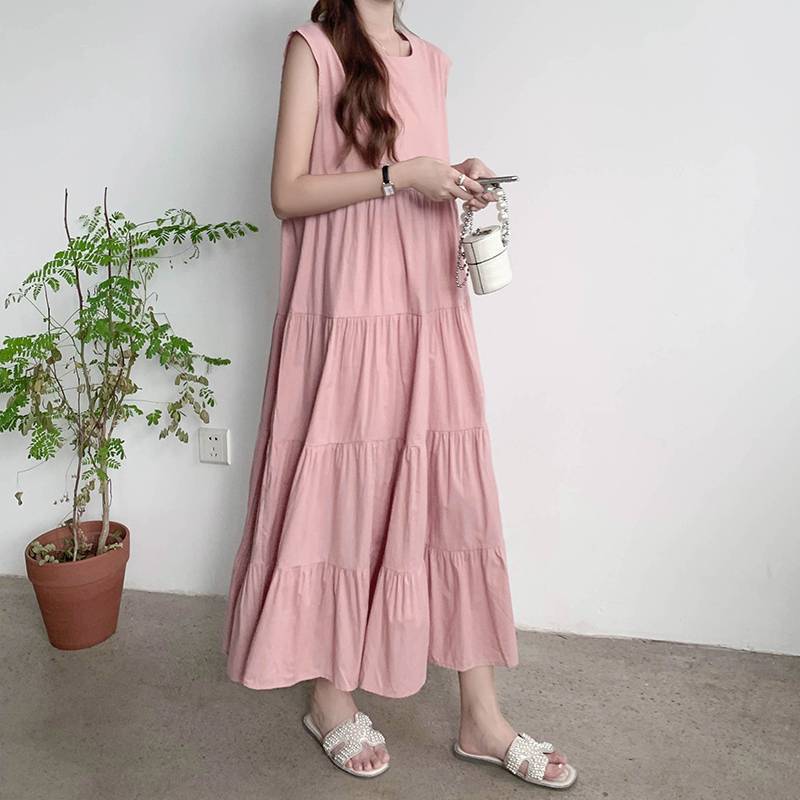 2026 Patchwork Pullover Solid Color Long Dress Sleeveless Commuter Round Neck Dress
