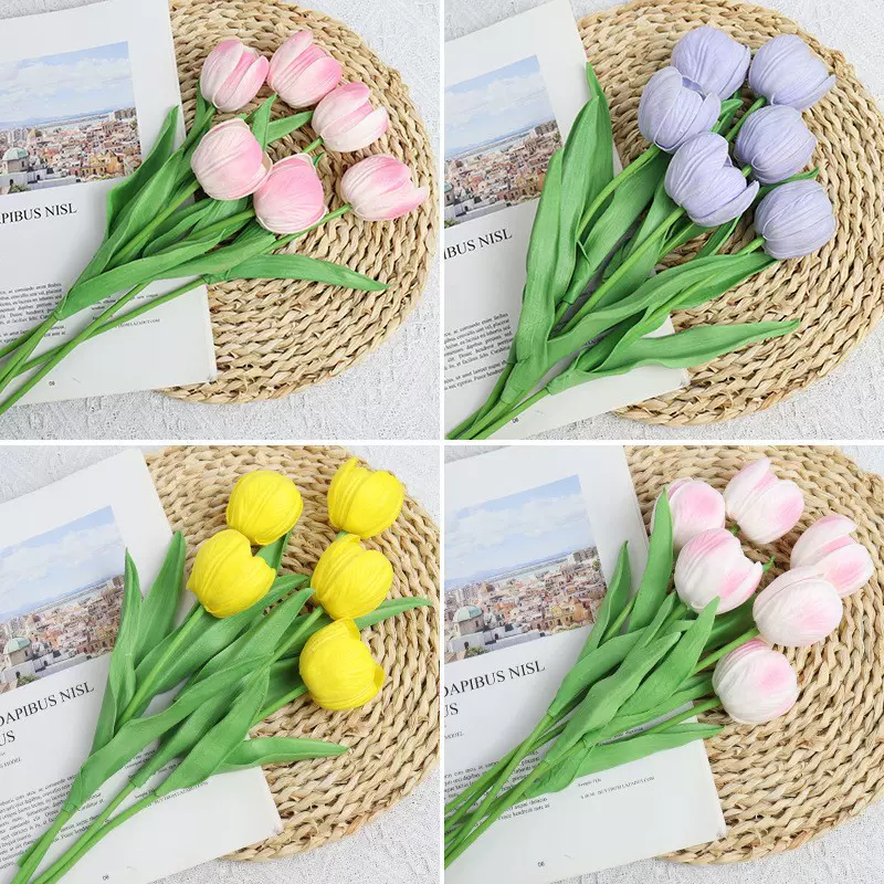 跨境PU大号郁金香仿真手感郁金香花家居装饰摆件婚庆摄影道具假花