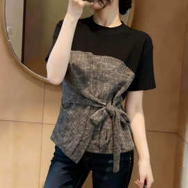 轻熟小众设计感撞色短袖上衣女夏季大码胖妹妹时尚洋气假两件T恤