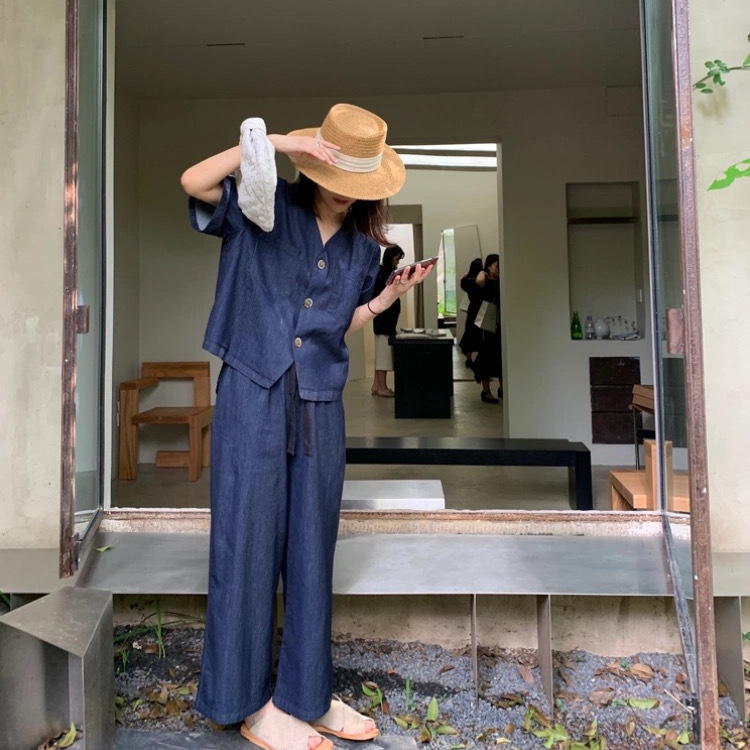 South Korea Fashion Casual Summer Thin Short-sleeved Top Straight Cropped Wide-leg Pants Tencel Imitation Jeans suit Women South Korea Fashion Casual Summer Thin Short-sleeved Top Straight Cropped Wide-leg Pants Tencel Imitation Jeans suit Women