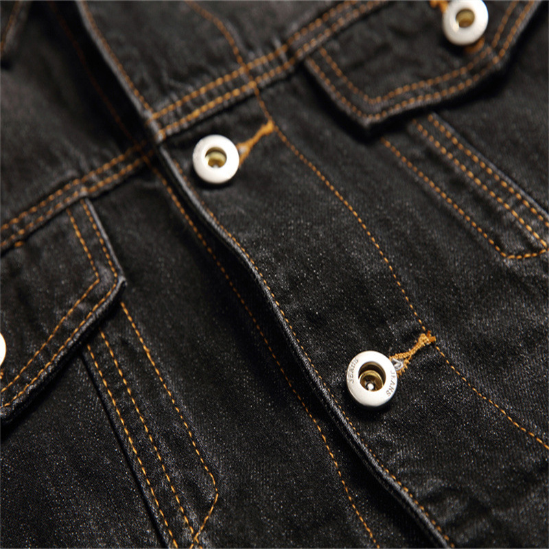 Veste noire déchirée avec poche sur la couture latérale, veste en jean ample à simple boutonnage en coton pour jeunes hommes_voghion.com