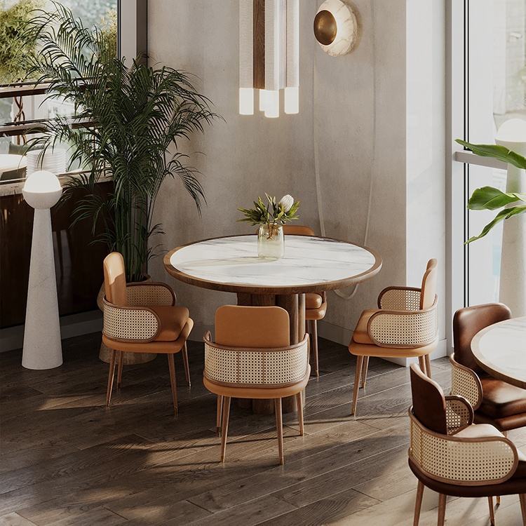 Café de madera mesa y silla de café de madera maciza tejida de vidano y arena de desarrollo de muebles de mesa y silla de restaurante hotel