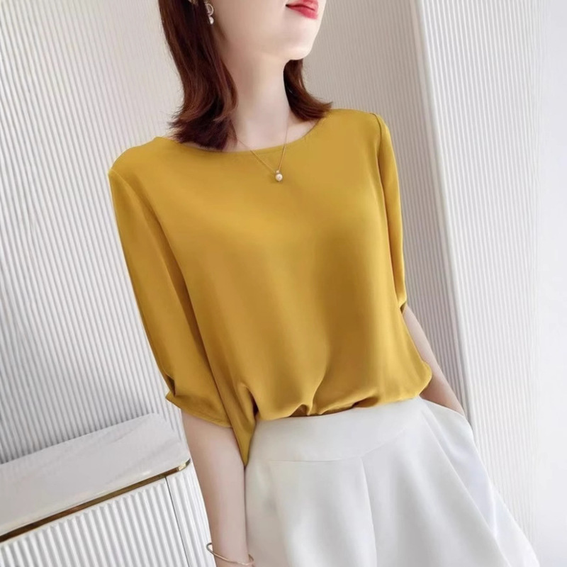 Foreign Trade Summer Short-sleeved Satin Heavy-weight High-end Shirt Draped perceptive Round Neck T-shirt Women's Elegant Loose Top Trendy