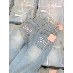 2025新型デザイン感蝶結び刺繍ジーンズ女性夏レトロ高腰ストレートパンツワイド脚長ズボン