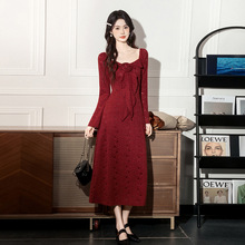 2025秋冬新品女装连衣裙长款蕾丝花朵磨毛修身显瘦优雅温柔气质