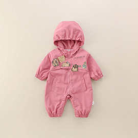 春秋款男女宝宝时尚帅气连体衣秋季婴儿卡通四只动物长袖连帽爬服