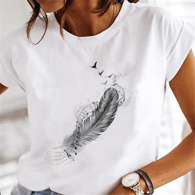 Regular Fit Fit Type Leaf Pattern Summer Season Wholesale Women'S Casual Leaf Short Sleeve Printing T-Shirts