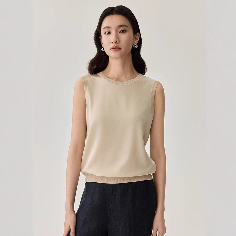 19mm Round Neck Sleeveless Pullover Silk Vest with Elastic Mulberry Silk Knitted Outer Top for Women