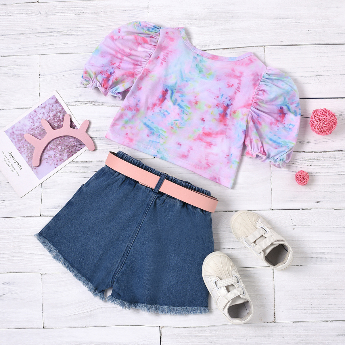 Cross-border Foreign Trade Children's Clothing Girls' European And American Style Tie-dyed Puff Sleeve Pullover With Belt Ripped Denim Shorts display picture 3