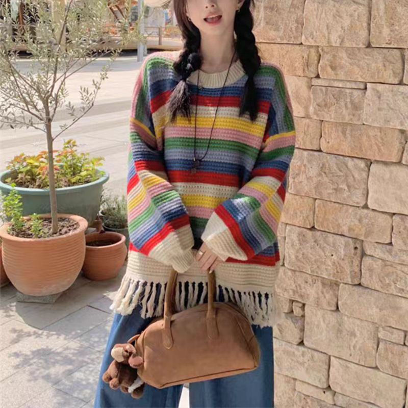 秋季新款彩虹条纹镂空毛衣女时尚宽松多巴胺撞色设计感流苏针织衫|undefined