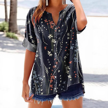 跨境爆款3D印花女士亚马逊春季新款翻领中袖休闲衬衫