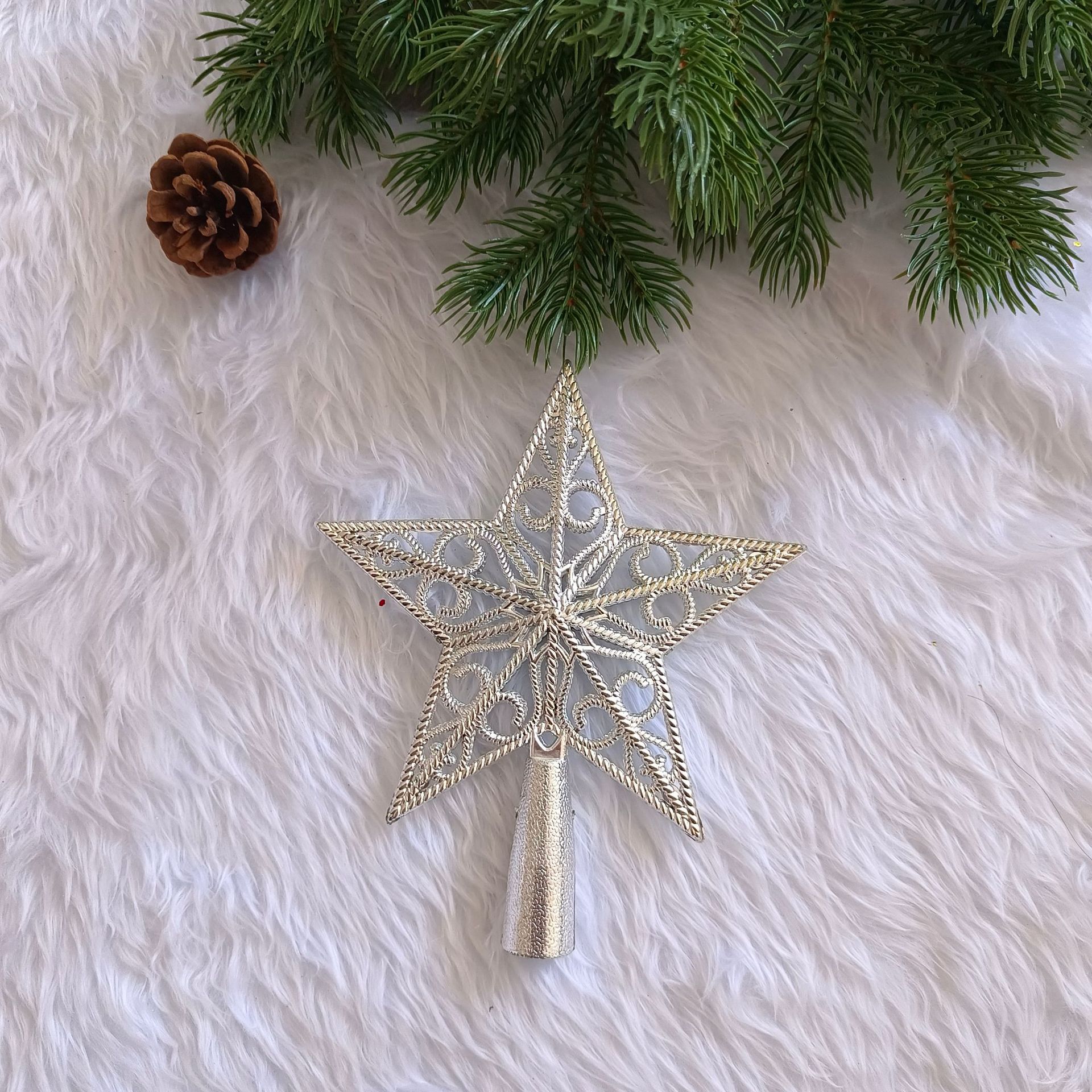 Estrella de cinco puntas brillante de plástico para la cima del árbol, adornos y colgantes navideños pequeños