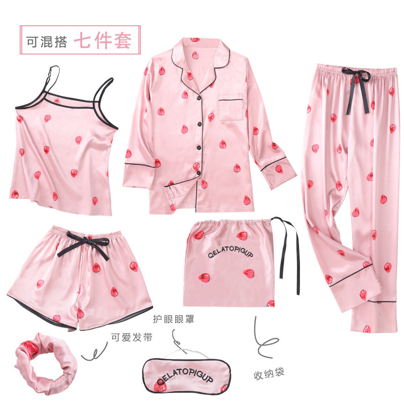 Entrega de una pieza nueva flor de siete piezas pijamas de manga larga de primavera de las mujeres de seda-como sexy homewear traje pijamas