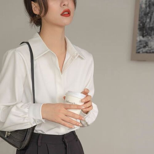 2025 Spring and Autumn Long-Sleeve White Women's Loose Casual Wrinkle-Resistant Design Style Unique Blouse with Drape Top