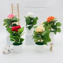 仿藤编小盆栽玫瑰假花摆件客厅玄关假花盆景北欧桌面装饰绿植花盆