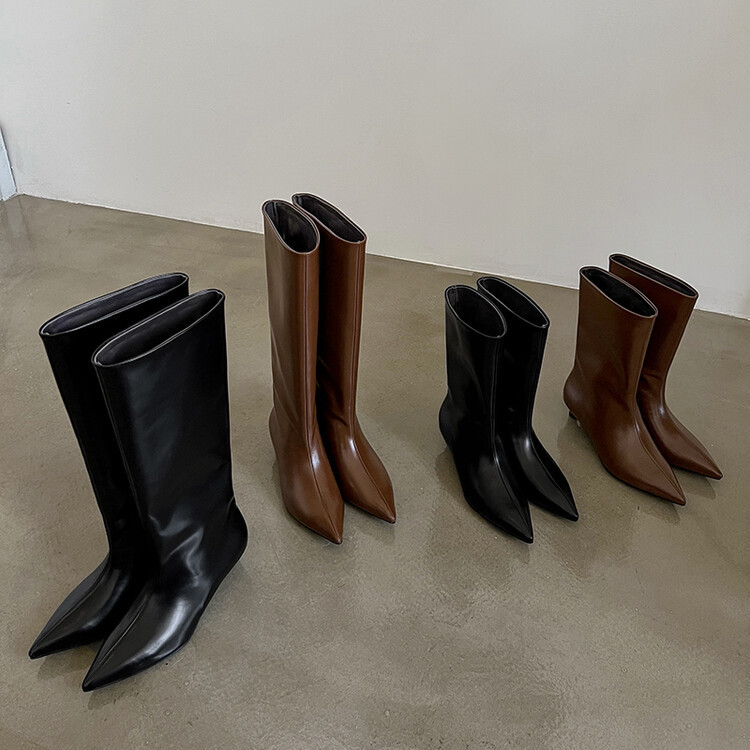 Puss-heel Sleeve Boots Women's Knee-high Boots Autumn and Winter New Cowhide Pointed Toe Wide-barrel Sleeve Mid-heel Knee-high Boots