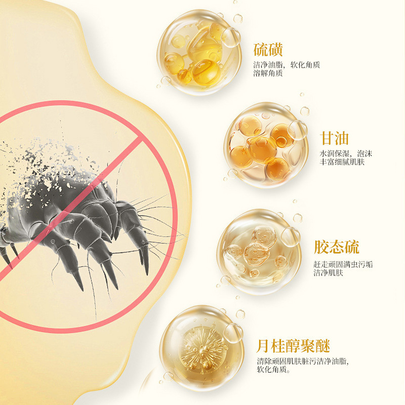 傾斜年齢の硫黄の純ダニの入浴剤はダニの液体の石鹸を取り除きます。|undefined