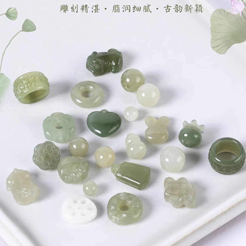 天然和田玉福锁平安扣吊坠新疆老型玉珠四叶草中国结散珠DIY配件