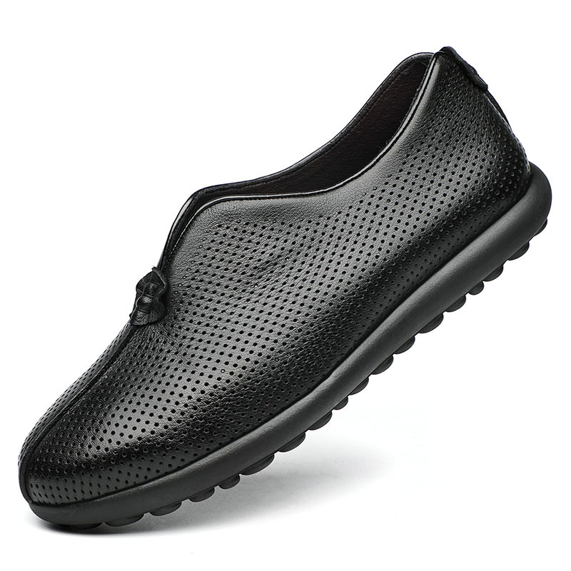 Verano viejo Beijing zapatos de tela sandalias de cuero casuales de los hombres de piel de vaca transpirable agujero papá zapatos de mediana edad y ancianos zapatos de los hombres suaves