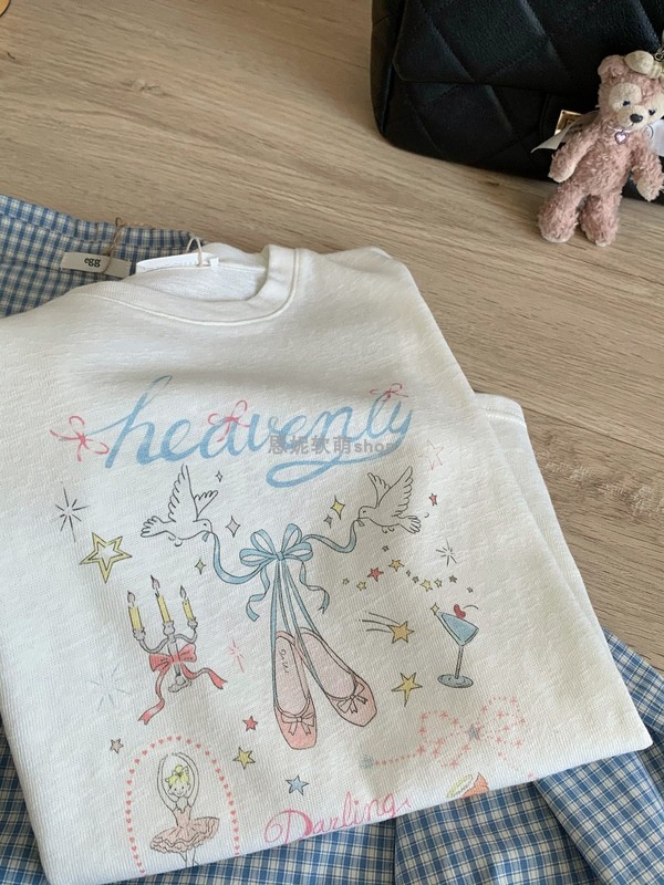 バレエワルツ～甘い女の子かわいいプリント半袖Tシャツレディース夏ゆったりカジュアル年齢軽減ラウンドネックトップス|undefined