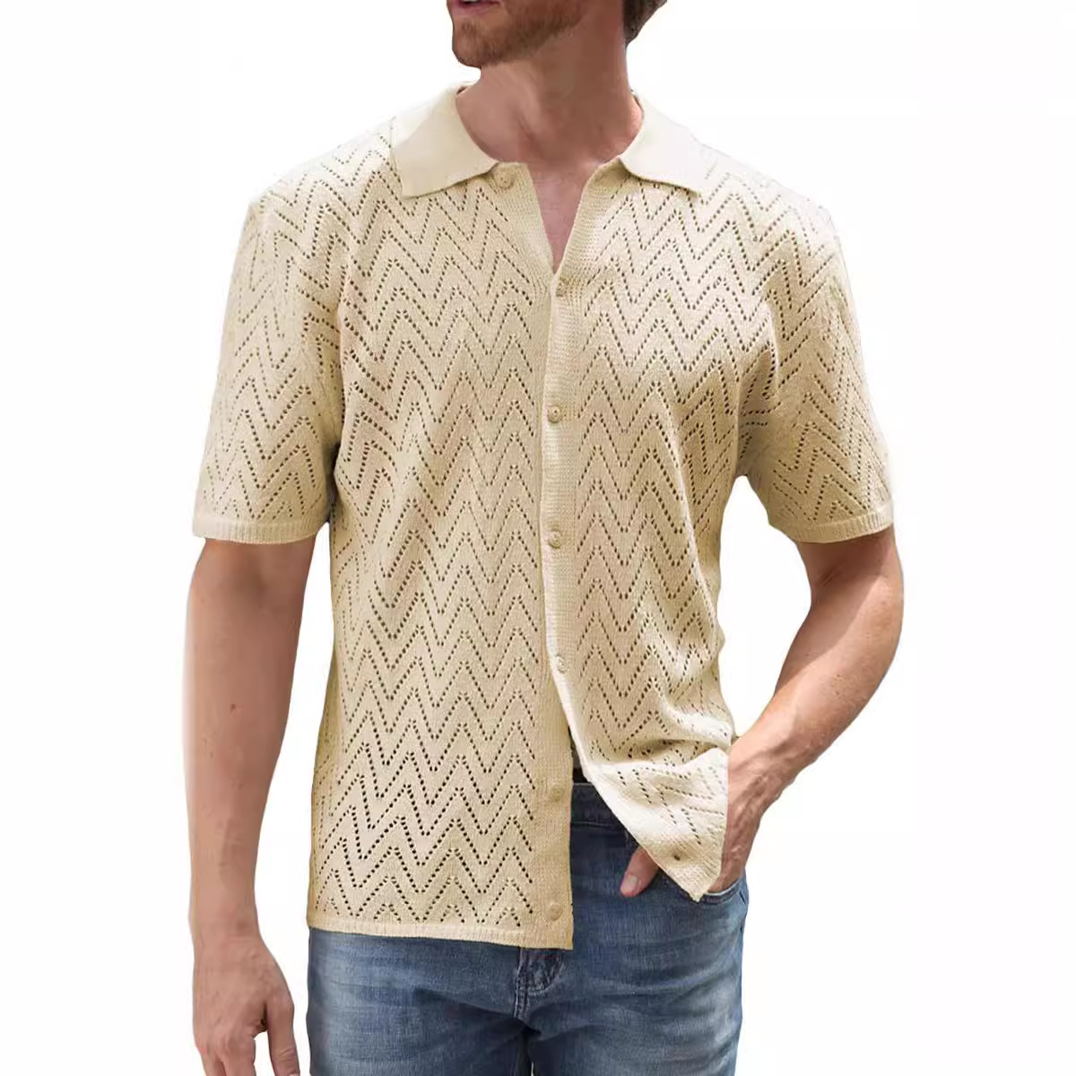 Summer New European And American Casual Knitted Short-sleeve Shirt, Cardigan, Solid Color Hollow Top Men's Clothing_voghion.com