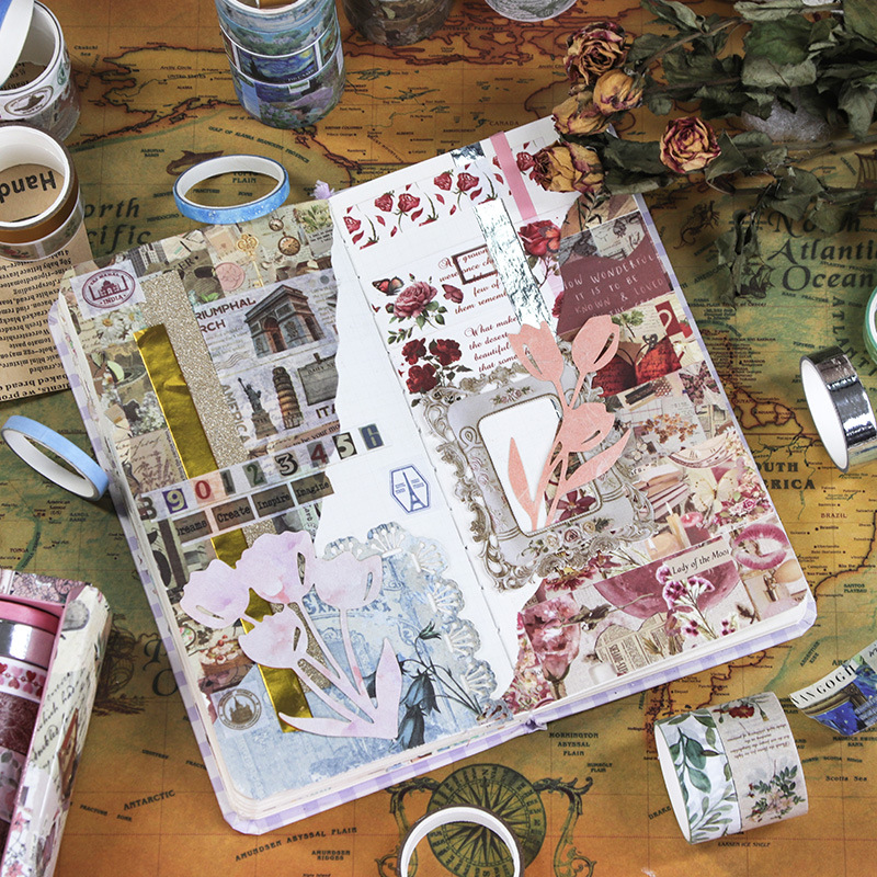 Nuevo juego de cinta de tema retro transfronterizo, decoración de cuentas a mano, uso libre de la etiqueta del marco inferior, material de paisajismo