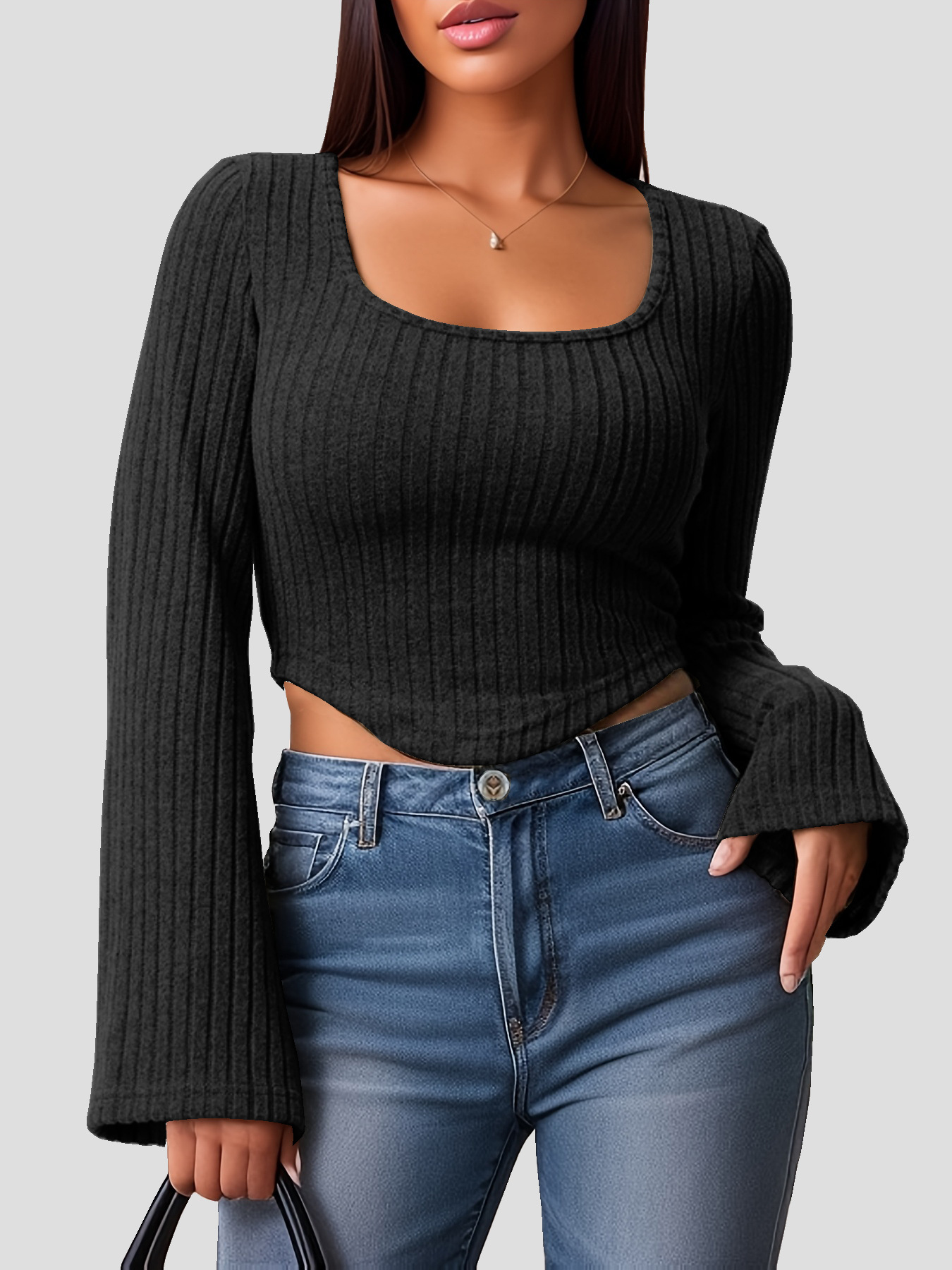 Nuevo otoño y invierno de comercio exterior de Europa y los Estados Unidos ropa de mujer sexy delgada cuello cuadrado cuerno manga blusa image 6