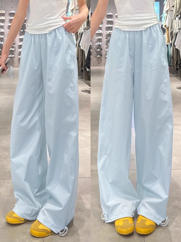 女性用ブルーの速乾性作業服パンツ、ルーズストレートレッグ、2025年ハイウエスト、小柄な人向けワイドレッグカジュアルスポーツパンツ、ハイウエストでスリムに見える|undefined