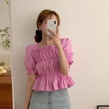 女式小个子设计感夏新款韩版褶皱纯色衬衫短袖方领套头女衫