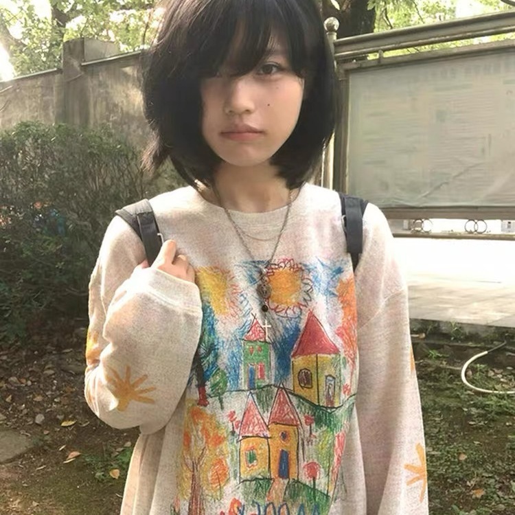 【广州原版面料彩点】色手绘涂鸦防晒罩衫女网纱宽松长袖T恤花色|undefined