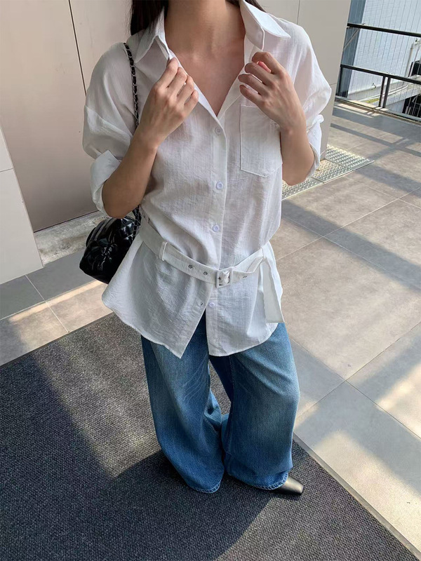 誉一新款2025秋季高级感宽松腰带衬衫女宽松翻领长袖上衣女m3736|undefined