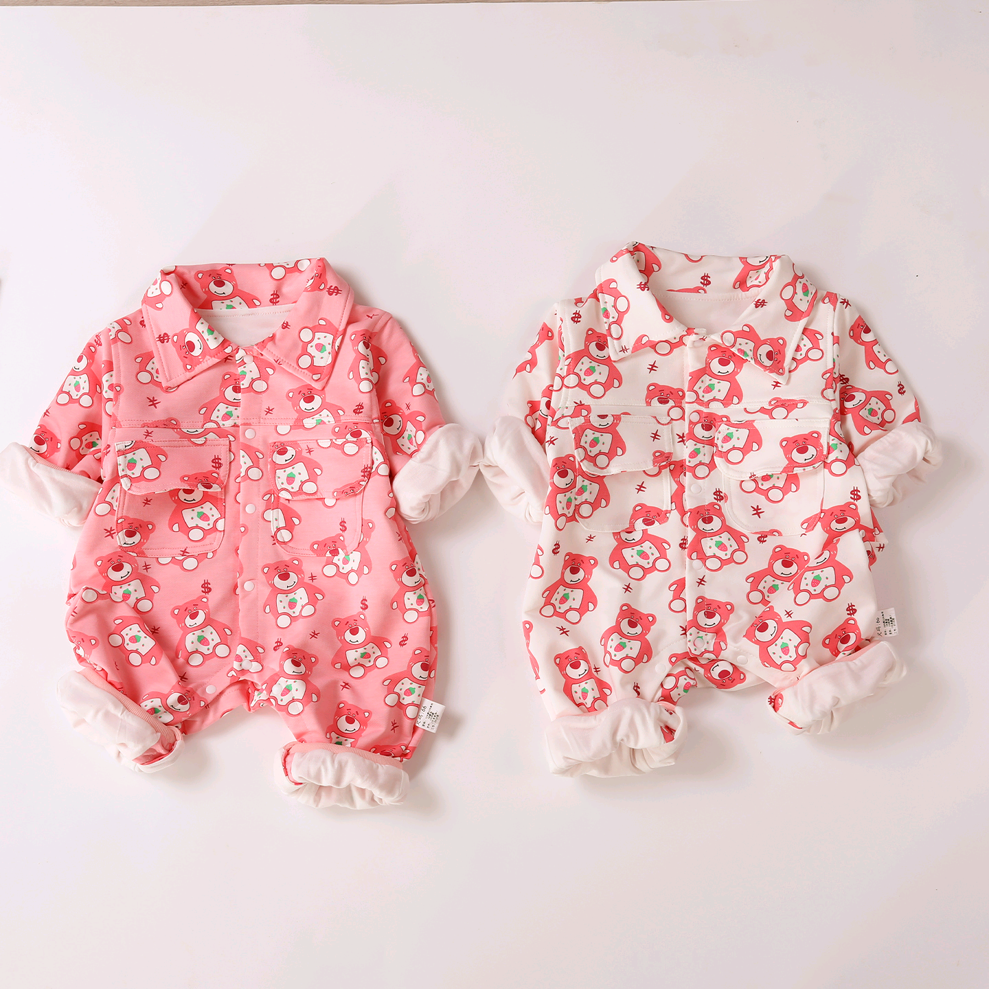 Baby Spring & Fall Clothes Jumpsuits for Men and Women, Newborn Baby Clothes, Double-Layer Full-Print Strawberry Bear Outing Clothes