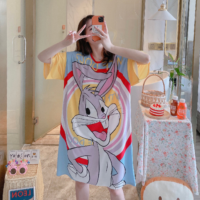Camisón de verano de las mujeres camisón de manga corta de comercio exterior de dibujos animados pijamas delgados de una sola pieza vestido lindo homewear