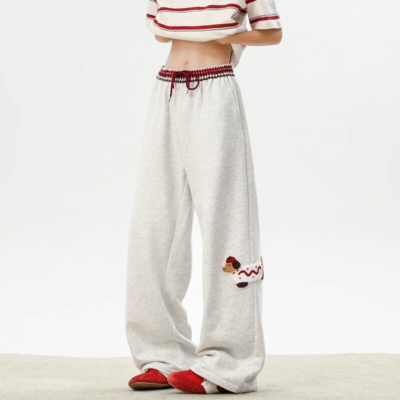 Men's Straight Loose Pants Youth Dachshund American Retro Waistband Patchwork Design Sports Casual Long Pants