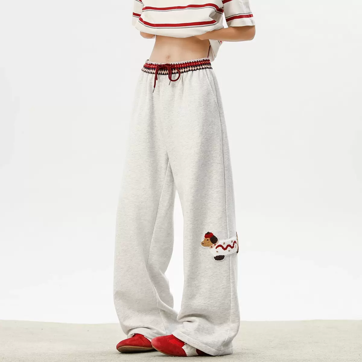 男士裤子直筒宽松青少年腊肠狗美式复古腰头拼接设计运动休闲长裤