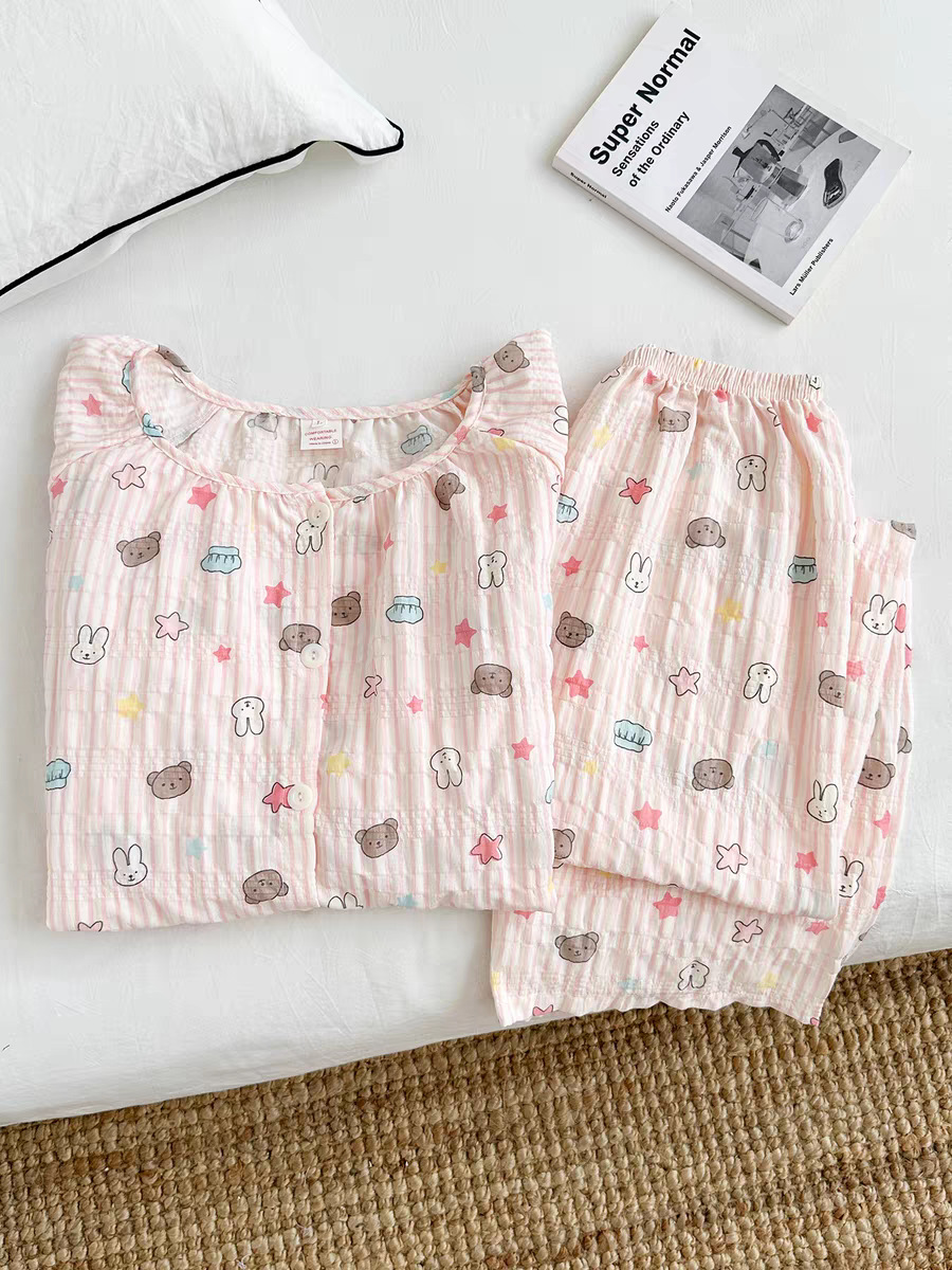 Pijamas al por mayor transfronterizos mujeres primavera y otoño pantalones de mangas largas nubes de algodón cardigan encantador conjunto de ropa de dibujos animados