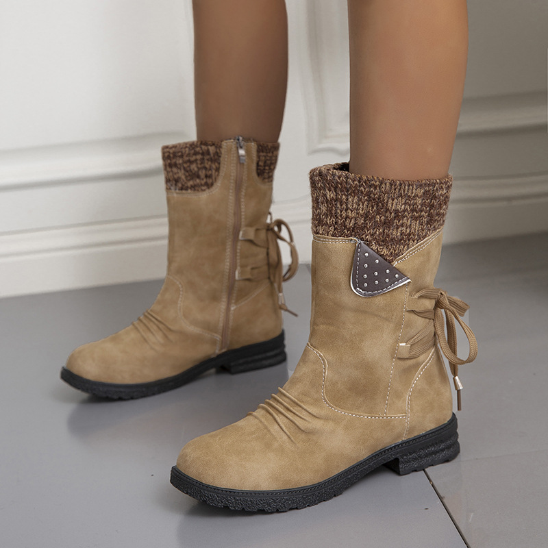 New autumn and winter chunky heel back strap mid-calf women's boots round head side zipper_voghion.com