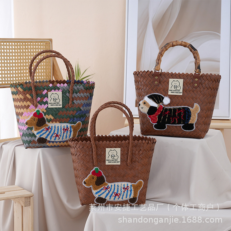 2026 Style Rattan-Like Bamboo Joint Large-Capacity Woven Bag Gift Bag Vegetable Basket Women's Handbag Dachshund 2026 Style Rattan-Like Bamboo Joint Large-Capacity Woven Bag Gift Bag Vegetable Basket Women's Handbag Dachshund