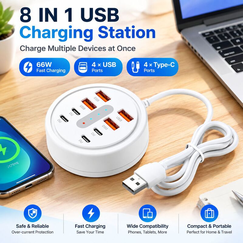 66W round 8-in-1 portable multi-port docking station with USB and Type-C interfaces, fast charging phone adapter, and power strip